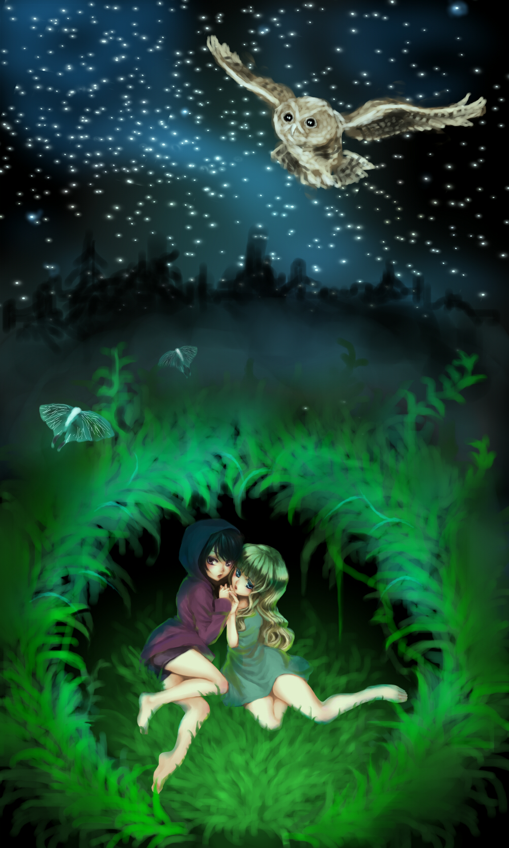 2girls, bird, black_hair, blonde_hair, blue_eyes, butterfly, child, dress
