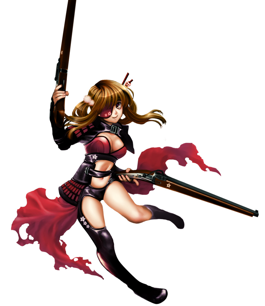 armor, bikini, blonde_hair, boots, breasts, cleavage, eyepatch, gun, highres, legs, long_hair, navel, original, pixiv_manga, short_twintails, snail8, solo, swimsuit, twintails, weapon