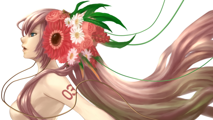blue_eyes, breasts, flower, headphones, highres, lips, long_hair, megurine_luka