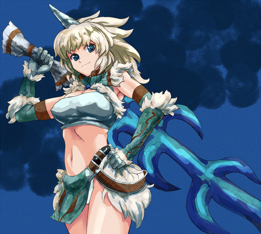 blue_eyes, elbow_gloves, gloves, hand_on_hip, horn, horns, kirin_(armor), midriff