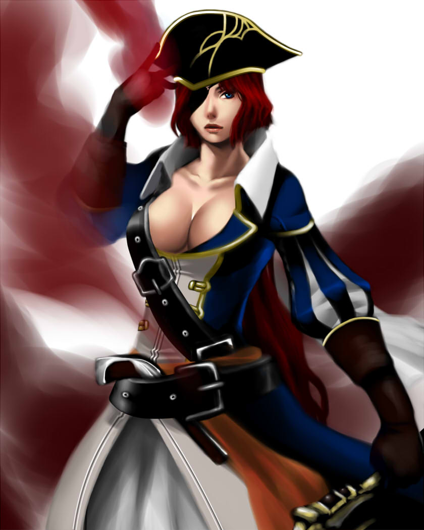 belt, blue_eyes, breasts, cleavage, collarbone, copyright_request, eyepatch, gloves