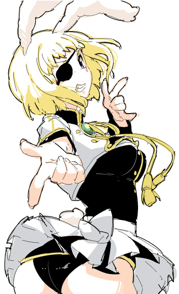 84k, bunny_ears, cosplay, eyepatch, patricia_thompson, pointing, rabbit_ears, shuri_(84k)