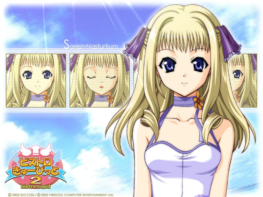 1girl, 2003, bistro_cupid, bistro_cupid_2, blonde_hair, blue_eyes, character_name, choker