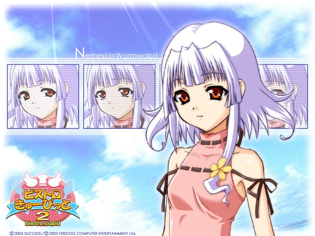 1girl, 2003, albino, bistro_cupid, bistro_cupid_2, character_name, expressionless, logo
