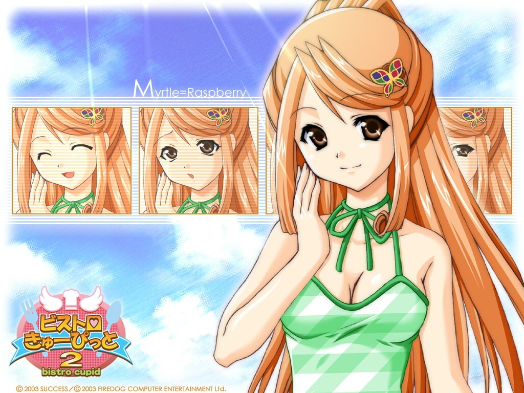 1girl, 2003, bistro_cupid, bistro_cupid_2, brown_eyes, character_name, green_swimsuit, hair_ornament