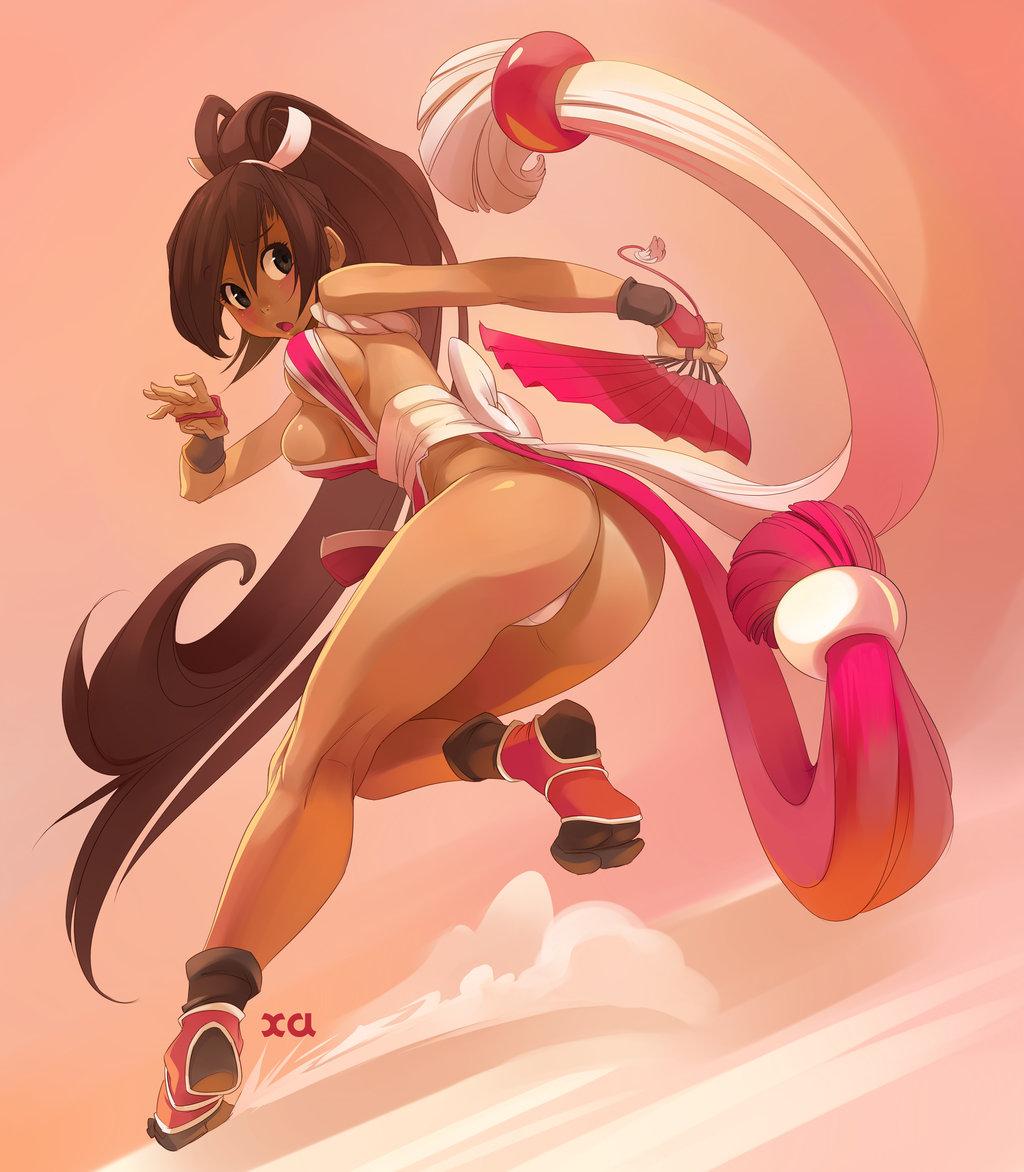 black_eyes, breasts, brown_hair, dark_skin, fan, hair_ribbon, king_of_fighters, legs