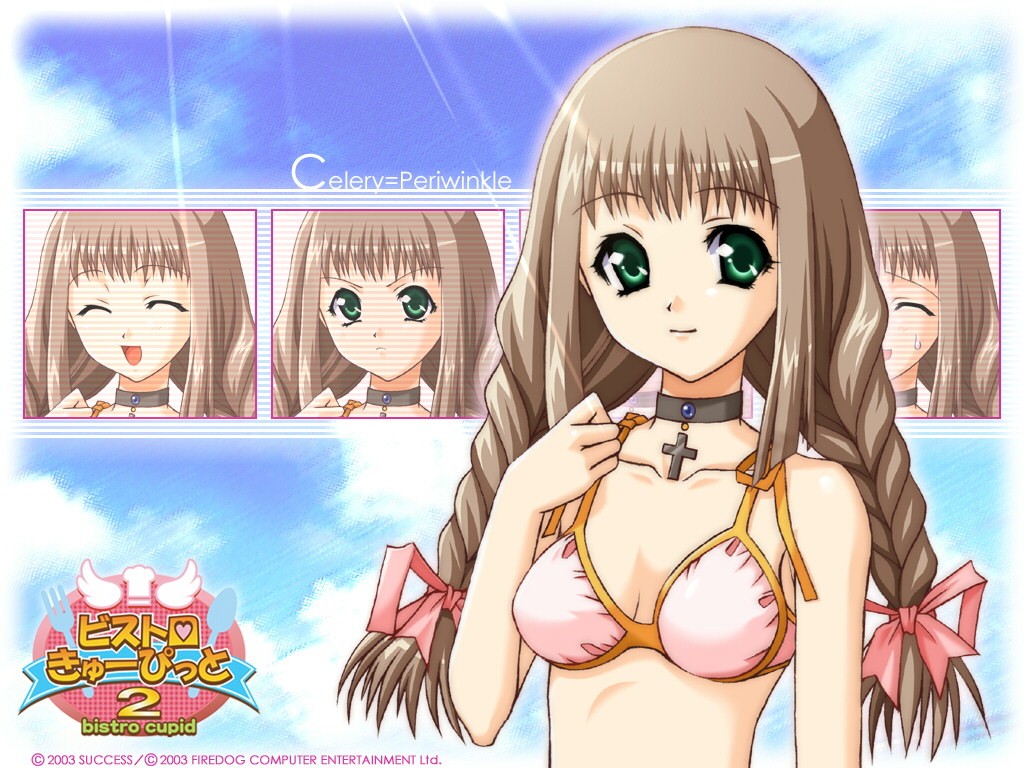 1girl, 2003, bikini, bistro_cupid, bistro_cupid_2, bow, braid, brown_hair, celery_periwinkle, character_name, choker, cross, green_eyes, hair_bow, logo, long_hair, official_art, pandaki_(aki), smile, solo, swimsuit, title_drop, twin_braids, wallpaper