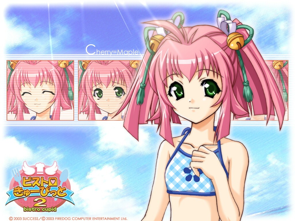 1girl, 2003, ahoge, bell, bikini, bistro_cupid, bistro_cupid_2, blue_bikini, character_name, cherry_maple, green_eyes, logo, official_art, pandaki_(aki), payot, pink_hair, short_hair, smile, solo, swimsuit, title_drop, twintails, wallpaper