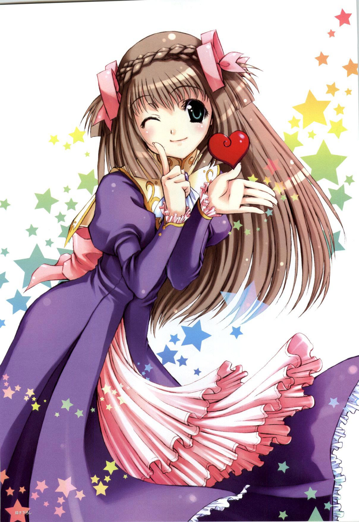 ascot, bistro_cupid, bistro_cupid_2, bow, braid, brown_hair, celery_periwinkle, dress