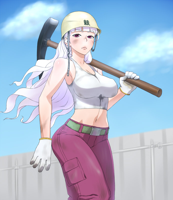 ass, bare_shoulders, belt, breasts, cargo_pants, construction_worker, dirty, erect_nipples, gloves, hardhat, helmet, hips, idolmaster, irritated, large_breasts, legs, long_hair, midriff, navel, pickaxe, red_eyes, shijou_takane, solo, sweat, sweaty, tank_top, tool, tools, walking, wata_do_chinkuru, wata_domingez, weapon, white_hair, wide_hips