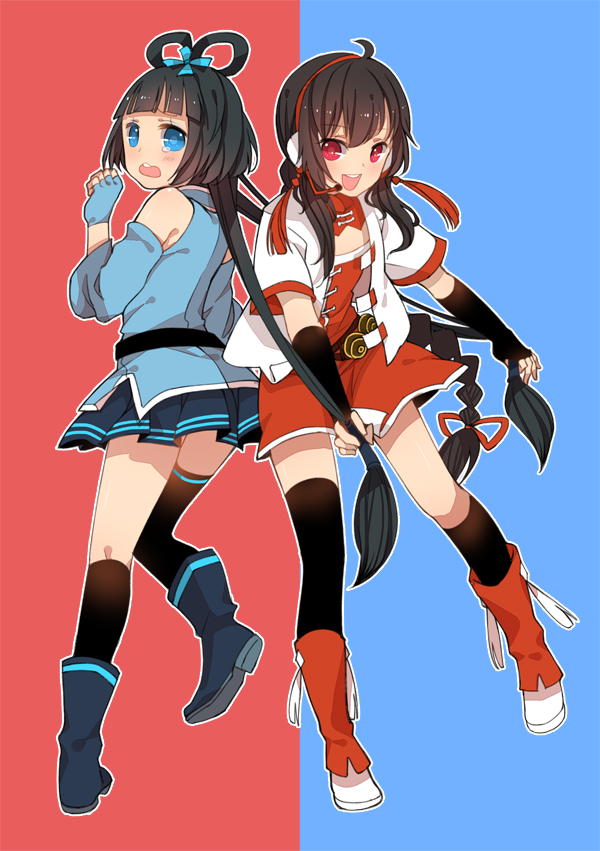 ahoge, bad_id, bare_shoulders, belt, black_hair, blue_eyes, boots, bow