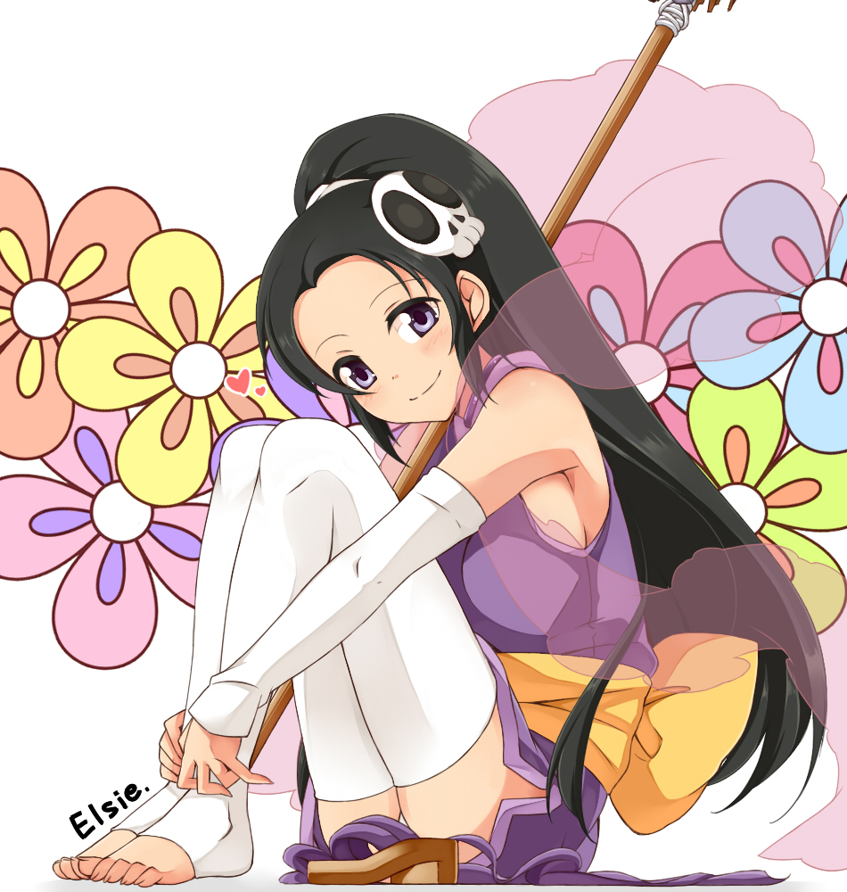 armpits, barefoot, black_hair, blush, breasts, broom, character_name, detached_sleeves