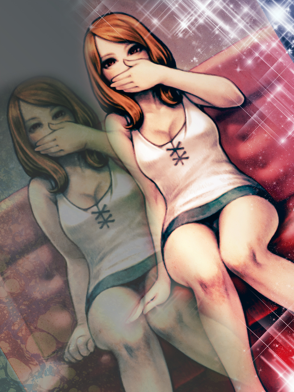 bare_shoulders, breasts, cleavage, couch, dutch_angle, hand_over_mouth, hanji_(hansi), hansi, highres, hips, legs, neat_hair, orange_eyes, orange_hair, original, panties, pantyshot, pantyshot_(sitting), pantyshot_sitting, sitting, skirt, sleeveless, sleeveless_shirt, solo, underwear