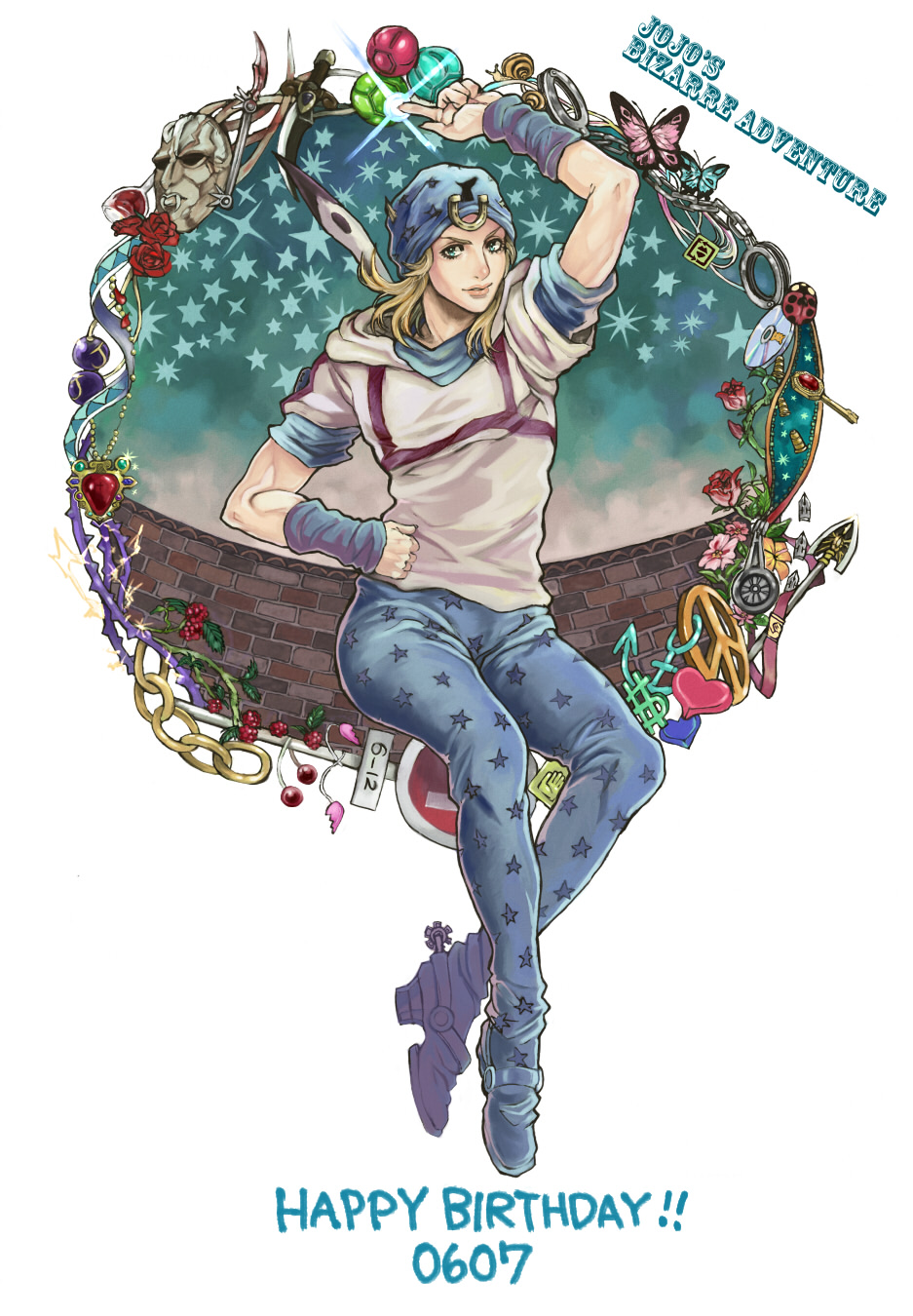 anchor, arrow, berries, berry-a, blonde_hair, butterfly, chain, chains, cuffs, cup, flower, green_eyes, handcuffs, hat, heart, hermit_purple, highres, johnny_joestar, jojo_no_kimyou_na_bouken, kiss_(stand), knife, male, peace_symbol, red_stone_of_aja, red_stone_of_asia, road_sign, rose, scalpel, sign, snail, solo, spurs, stand_(jojo), steel_ball_run, sticky_fingers_(stand), stone_mask_(jojo), wine, wine_glass, wristband, zipper