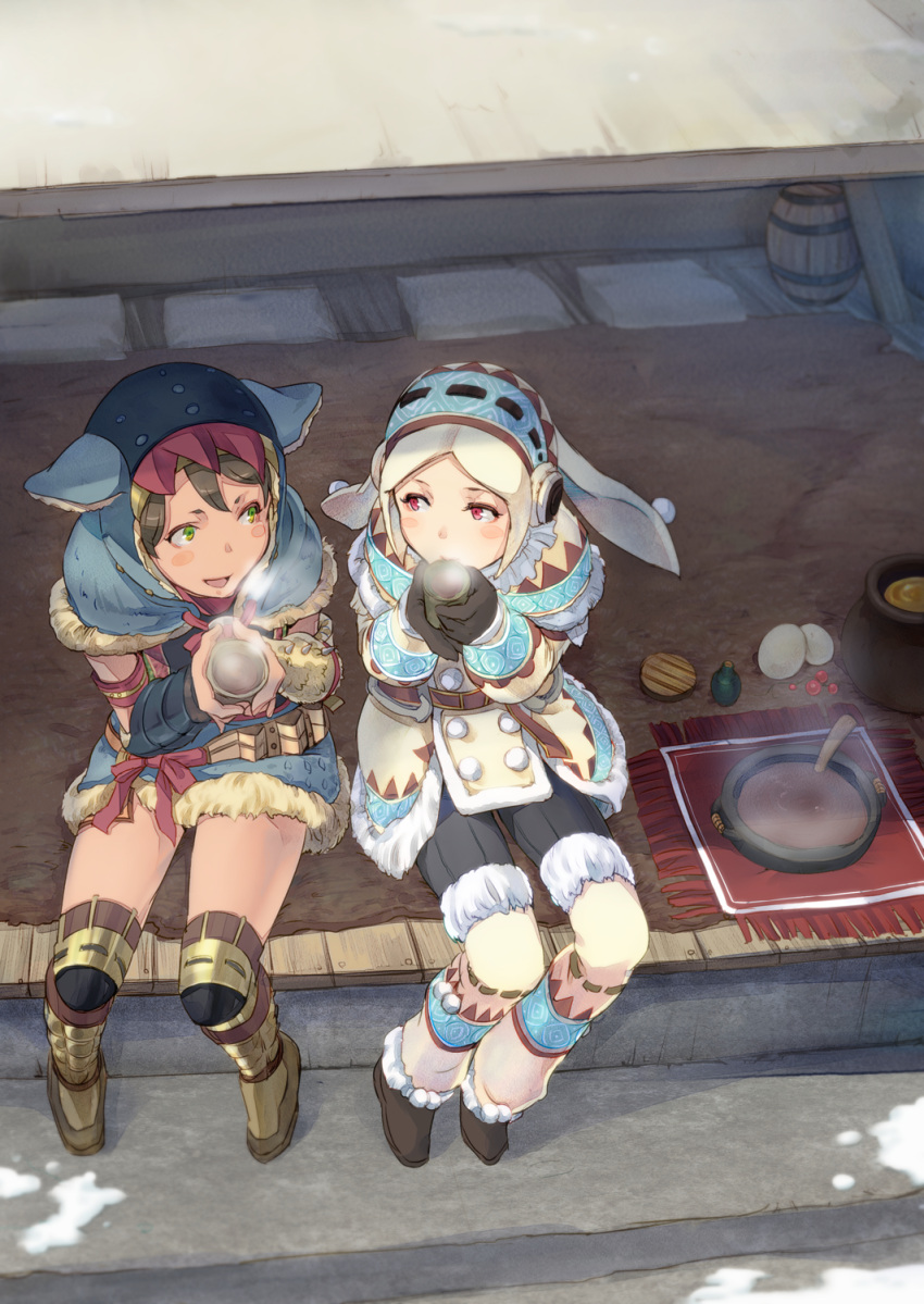 aoashira_(armor), boots, brown_hair, capcom, drinking, fur, fur_trim, green_eyes, highres, monster_hunter, monster_hunter_portable_3rd, multiple_girls, null_(chronix), red_eyes, urukususu_(armor), white_hair