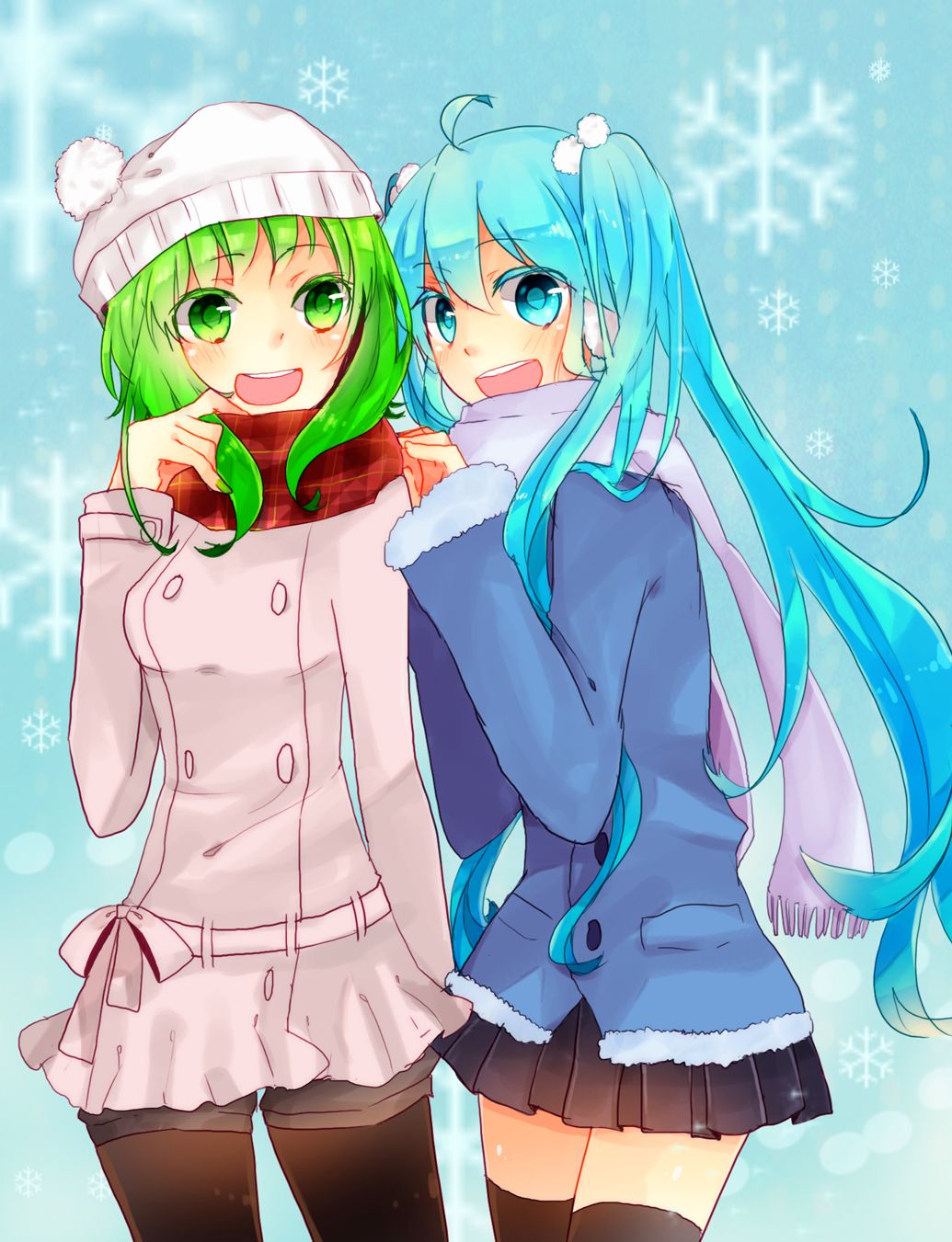 ahoge, aqua_eyes, aqua_hair, coat, earmuffs, green_eyes, green_hair, gumi