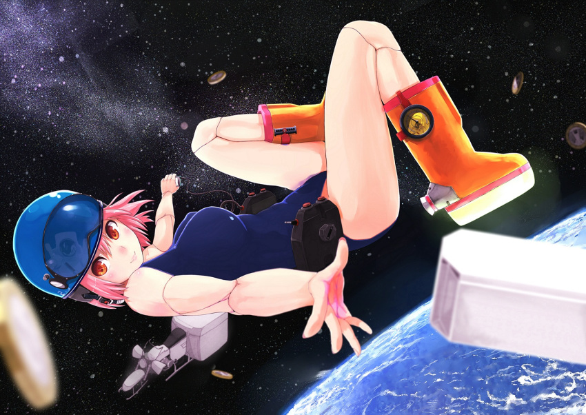 bicycle, boots, coin, copyright_request, cyborg, highres, niwakaike, orange_eyes