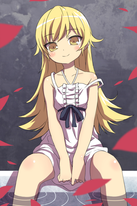 bare_shoulders, blonde_hair, dress, feet_in_water, fudama, long_hair, monogatari_(series), nisemonogatari