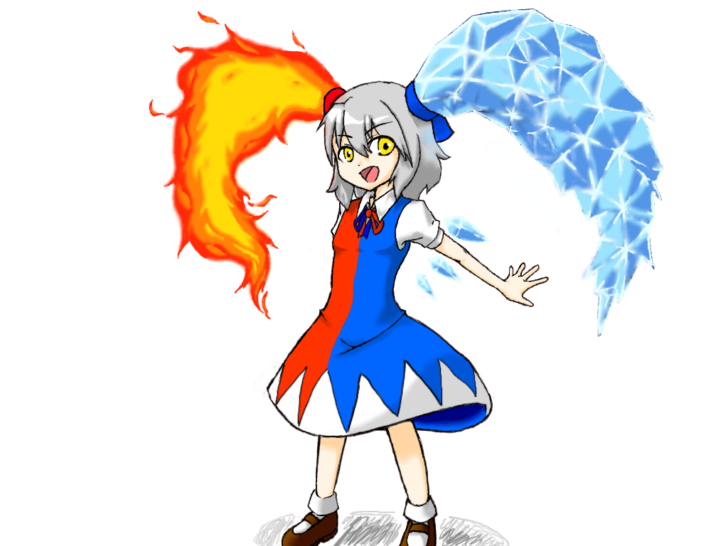 achi_cirno, alternate_color, alternate_element, asymmetrical_clothes, cirno, fire, fusion, ice