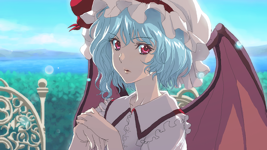 anime_coloring, bat_wings, blue_hair, bust, face, hat, matsudo_aya, nature, ocean, red_eyes, remilia_scarlet, scenery, short_hair, sky, solo, touhou, wings
