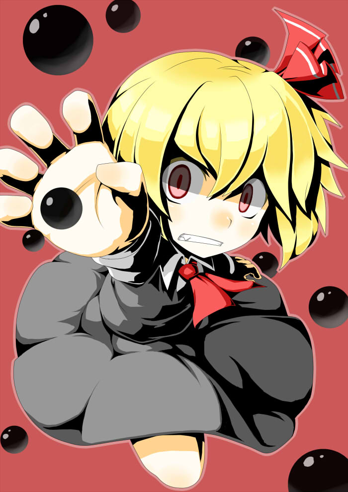 ascot, blonde_hair, clenched_teeth, darkness, fang, hair_ribbon, hecchi_(blanch), outstretched_hand