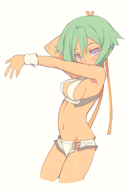 aquarion_(series), aquarion_evol, blade_(lovewn), cleavage_cutout, cropped_legs, green_hair, midriff, purple_eyes, short_shorts, shorts, solo, violet_eyes, zessica_wong