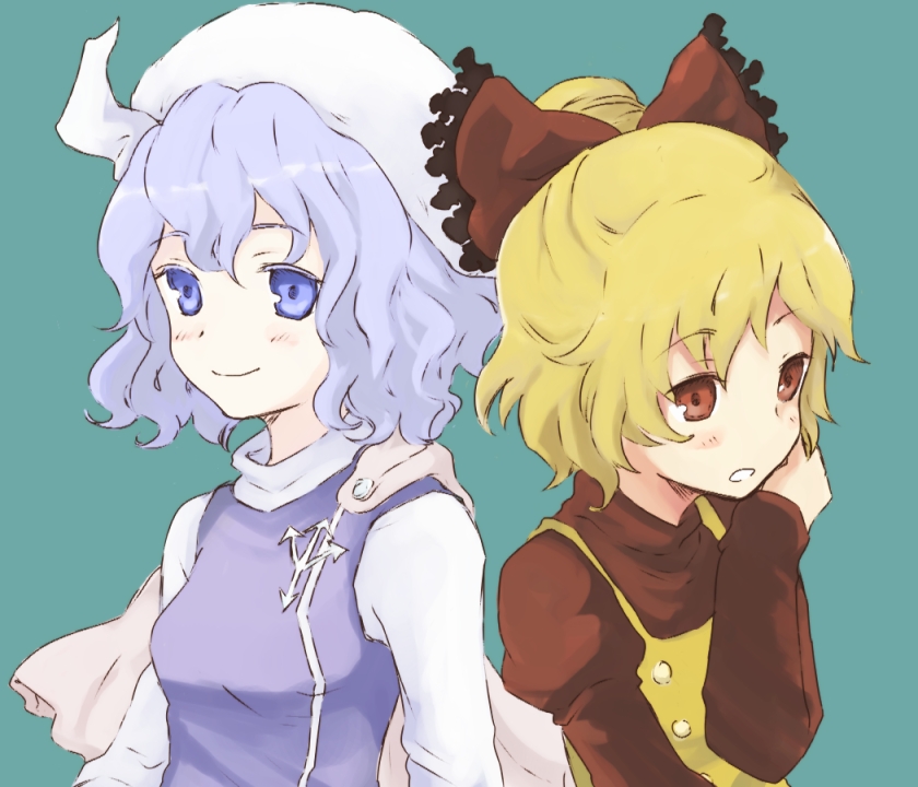 bad_id, blonde_hair, blue_eyes, blue_hair, bow, brown_eyes, hair_bow, hat, kurodani_yamame, letty_whiterock, multiple_girls, noko_(iamsimply2000), open_mouth, short_hair, smile, touhou