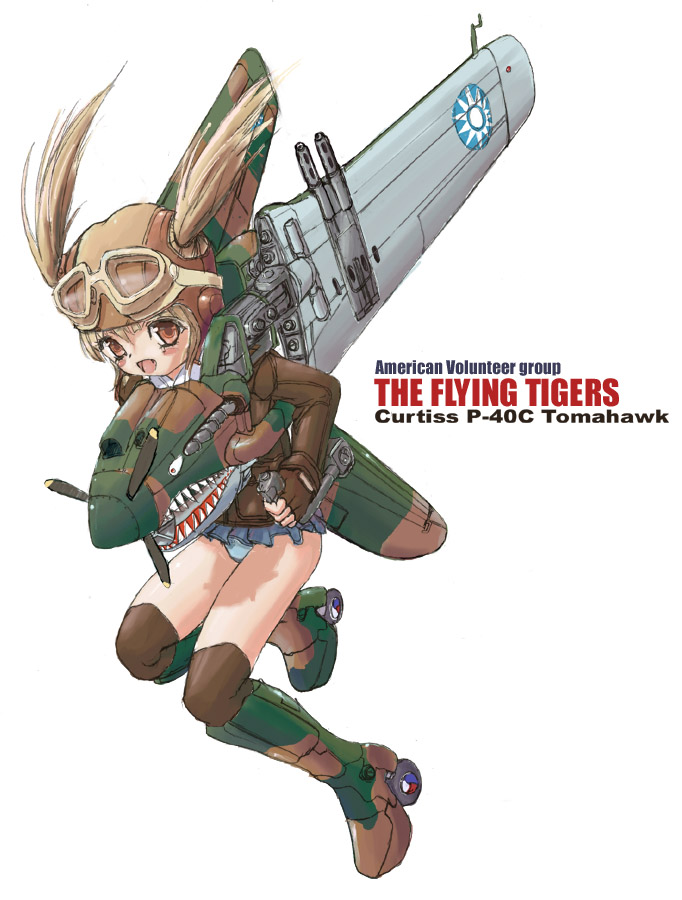 airplane, aviator_cap, blonde_hair, brown_eyes, brown_legwear, goggles, goggles_on_head, gun