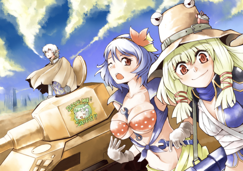 2girls, alternate_costume, bandage, bandages, between_breasts, blonde_hair, blue_hair, breasts