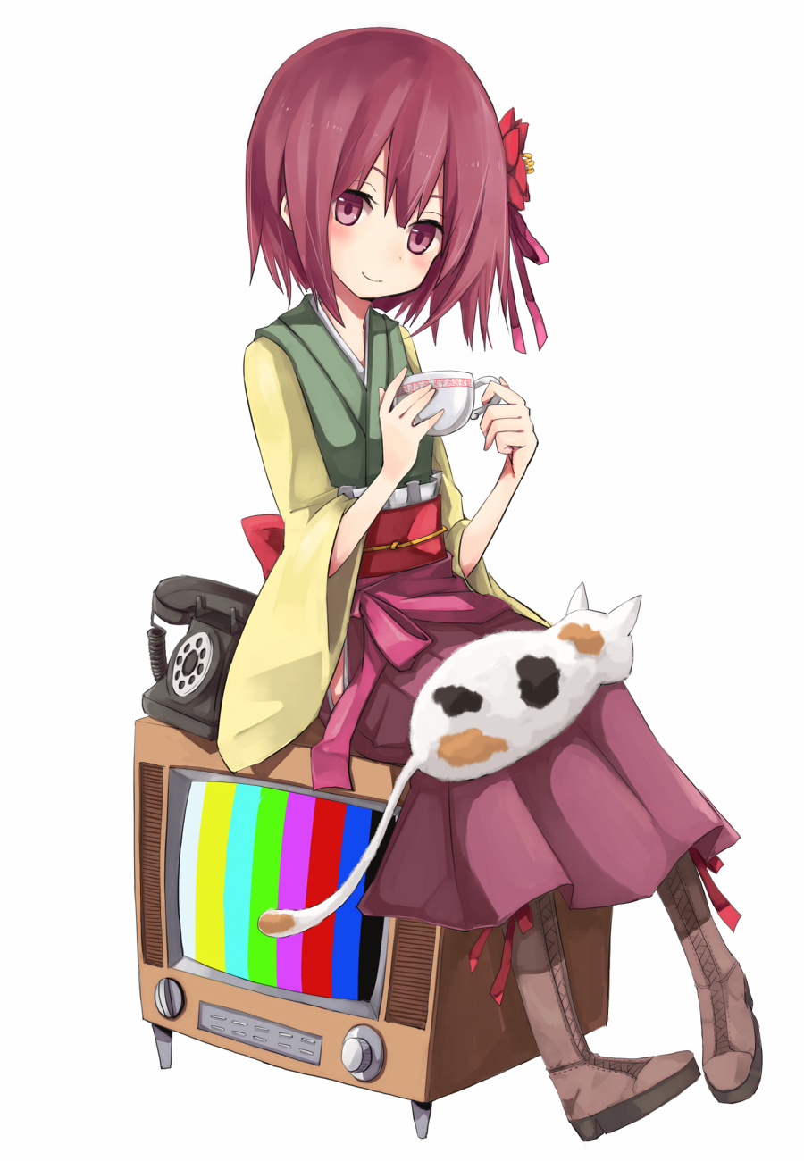 blush, boots, cat, cup, flower, hair_flower, hair_ornament, hieda_no_akyuu