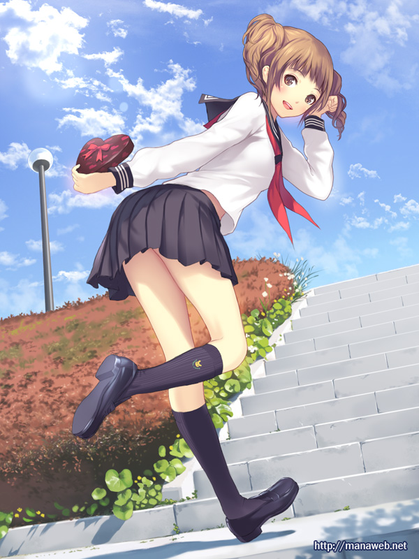 black_legwear, blue_sky, brown_eyes, brown_hair, cloud, curve_of_ass, ilog, kneehighs