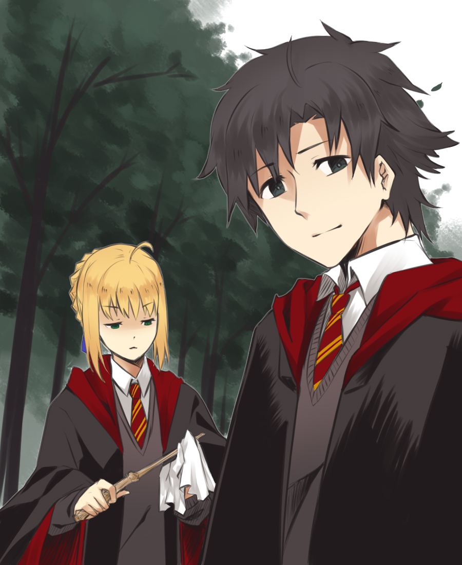 1girl, ahoge, black_eyes, black_hair, blonde_hair, cosplay, crossover, emiya_kiritsugu
