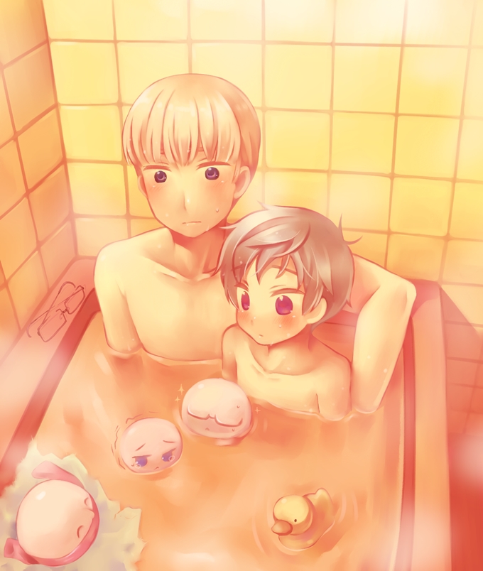 axis_powers_hetalia, bath, bathtub, blonde_hair, estonia_(hetalia), food, glasses, glasses_removed, latvia_(hetalia), mochi, multiple_boys, purple_eyes, rubber_duck, russia_(hetalia), sensaki_chihiro, short_hair, violet_eyes, wagashi