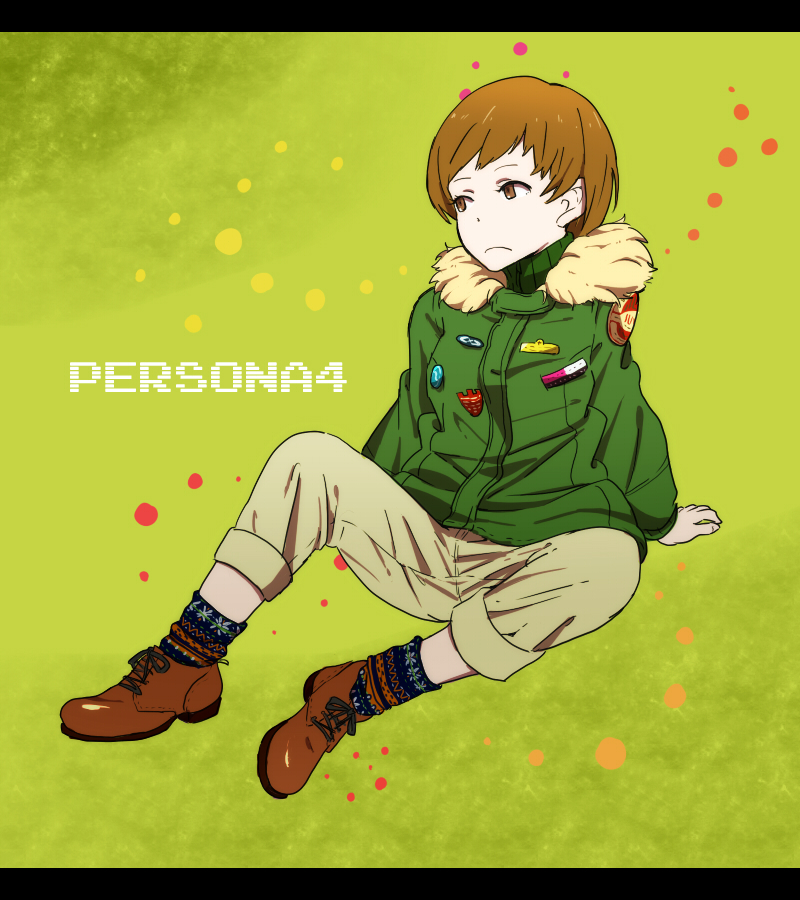 brown_eyes, brown_hair, footwear, fur_trim, green_background, jacket, letterboxed, mukiryoku