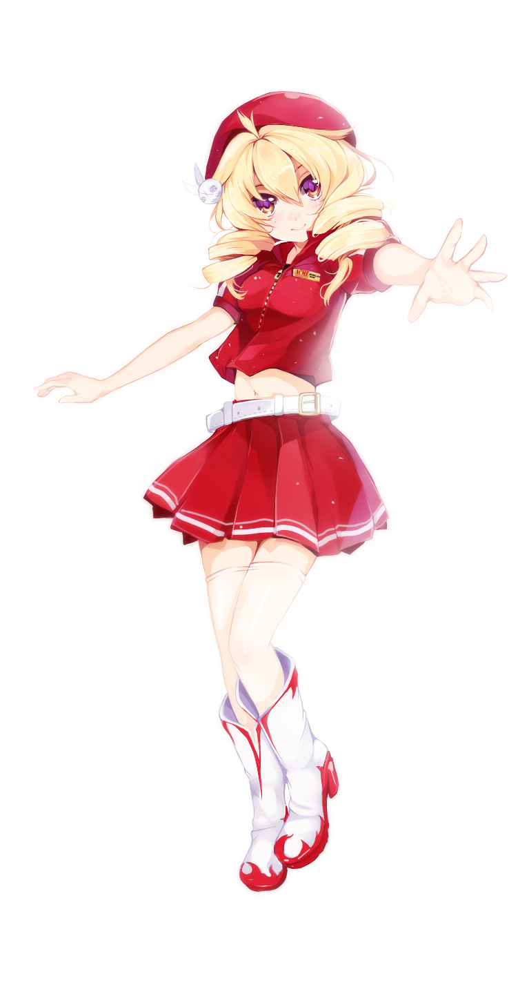 belt, beret, blonde_hair, boots, crop_top, drill_hair, hair_ornament, hat