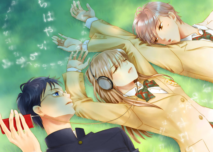 black_hair, blonde_hair, blue_eyes, brown_eyes, brown_hair, chihayafuru, closed_eyes, digital_media_player