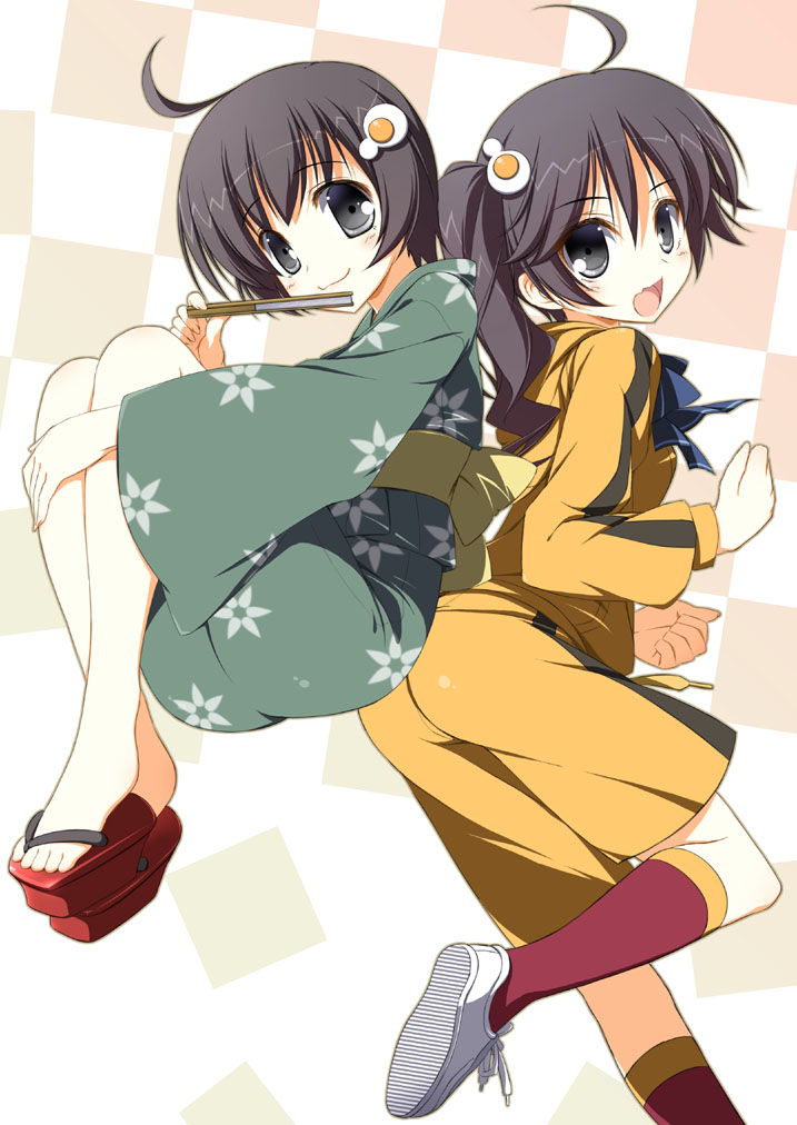 ahoge, araragi_karen, araragi_tsukihi, back-to-back, bakemonogatari, black_eyes, black_hair, closed_fan, fan, fang, folding_fan, geta, hooded_track_jacket, hoodie, jacket, japanese_clothes, kimono, long_hair, looking_back, magpul762, monogatari_(series), multiple_girls, nisemonogatari, short_hair, siblings, side_ponytail, sisters, suzuri, v