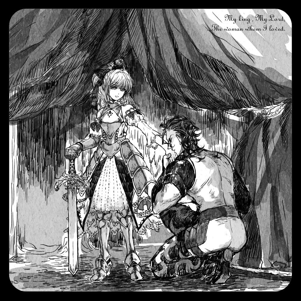 1girl, adapted_costume, armor, armored_dress, bow, bowing, couple, dress