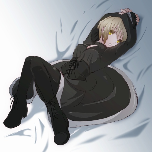 black_legwear, blonde_hair, boots, dress, fate/hollow_ataraxia, fate/stay_night, fate_(series), gothic_lolita