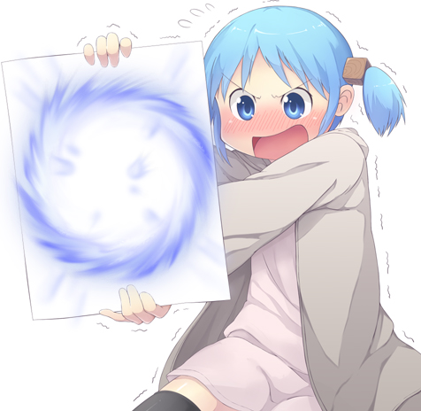 blue_eyes, blue_hair, blush, casual, gaketsu, hadoken, hadouken, hair_cubes