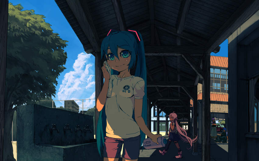 2girls, ahoge, aqua_eyes, aqua_hair, bottle, cloud, gym_uniform, hatsune_miku, highres, ia_(vocaloid), japanese_clothes, kaito, kamui_gakupo, kendo_armor, long_hair, looking_at_viewer, mismatched_legwear, multiple_boys, multiple_girls, outdoors, pink_hair, rias-coast, school_uniform, serafuku, shorts, sitting, skirt, sky, smile, sweat, towel, twintails, vocaloid, yamaha