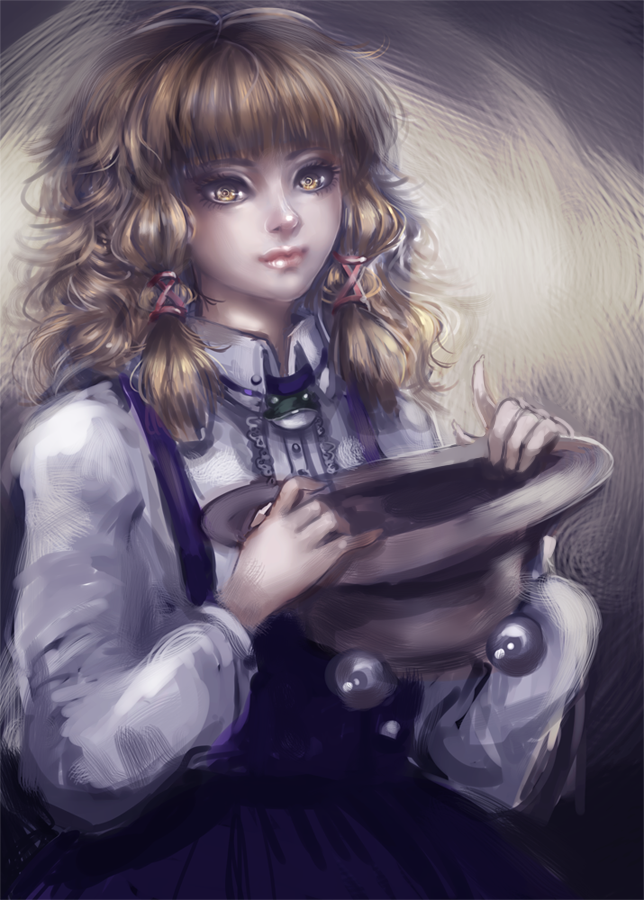 alternate_costume, blonde_hair, brooch, dress, eyelashes, face, frog, gradient