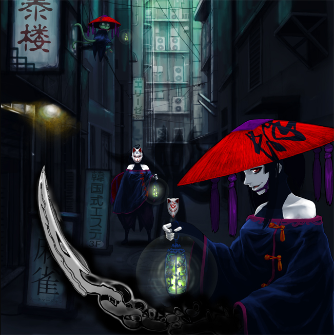 alley, bad_id, black_hair, building, cat, fox_mask, hat, lamp, magic, mask, multiple_girls, night, nighttime, ninja, ninjas, original, ozawa_tomohiro, red_eyes, streets, sword, weapon, white_skin