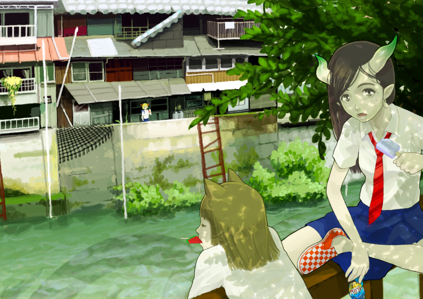 animal_ears, blonde_hair, brown_hair, building, fangs, fox, fox_ears, horns