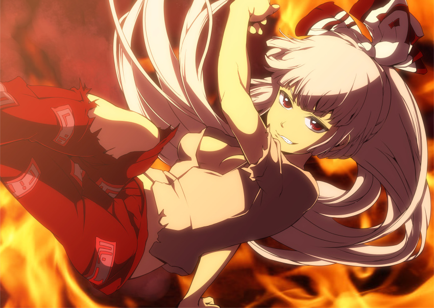 anime_coloring, bow, breasts, cleavage, fire, fujiwara_no_mokou, grin, hair_bow