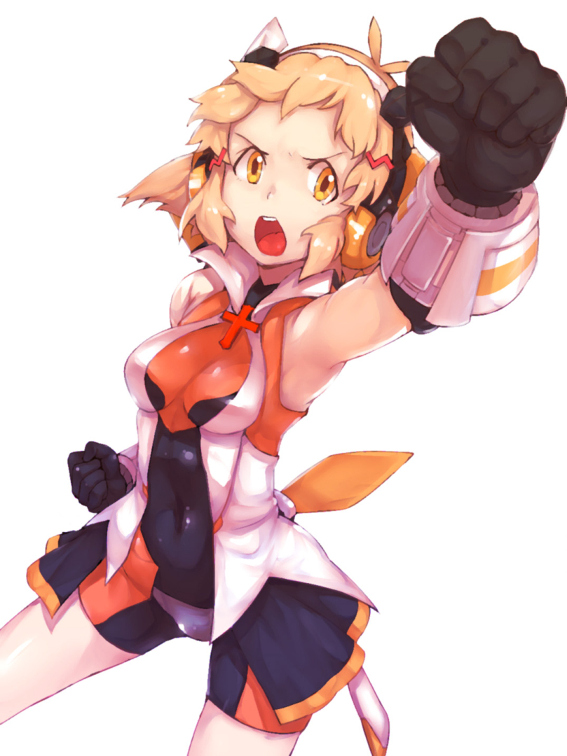 arm_up, armor, armpits, brown_hair, clenched_hands, face, fist, foreshortening