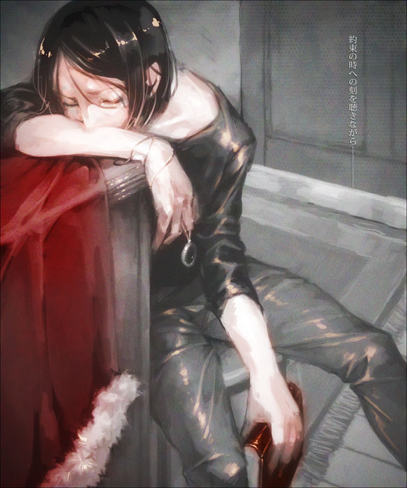 bangs, black_hair, book, cape, chair, fate/zero, fate_(series), jewelry