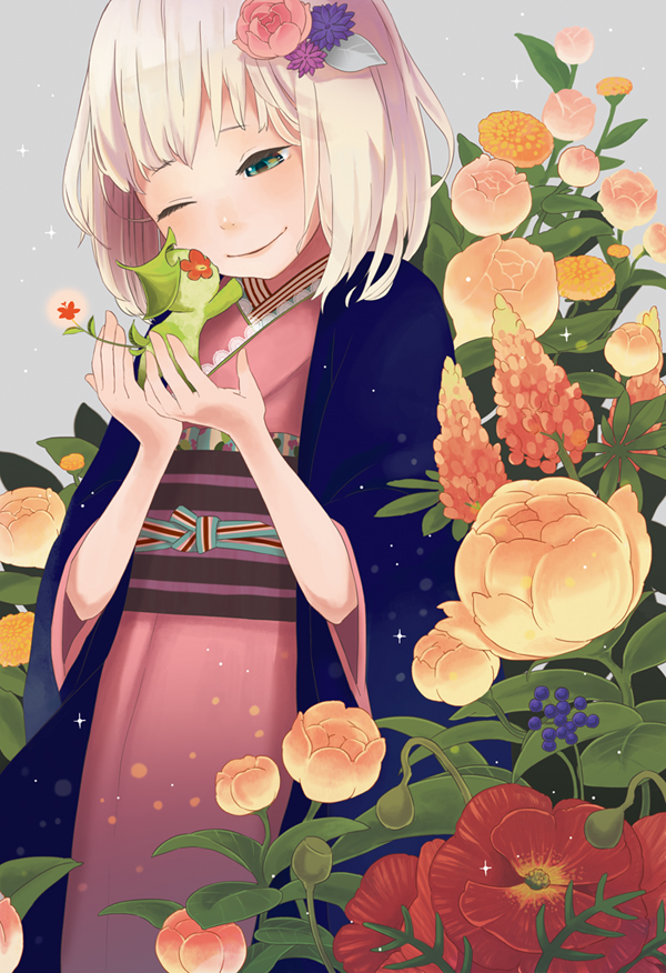 ao_no_exorcist, blonde_hair, bob_cut, flower, green_eyes, haori, japanese_clothes, kimono, moriyama_shiemi, nii_(ao_no_exorcist), sheep_sleep, short_hair, smile, wink