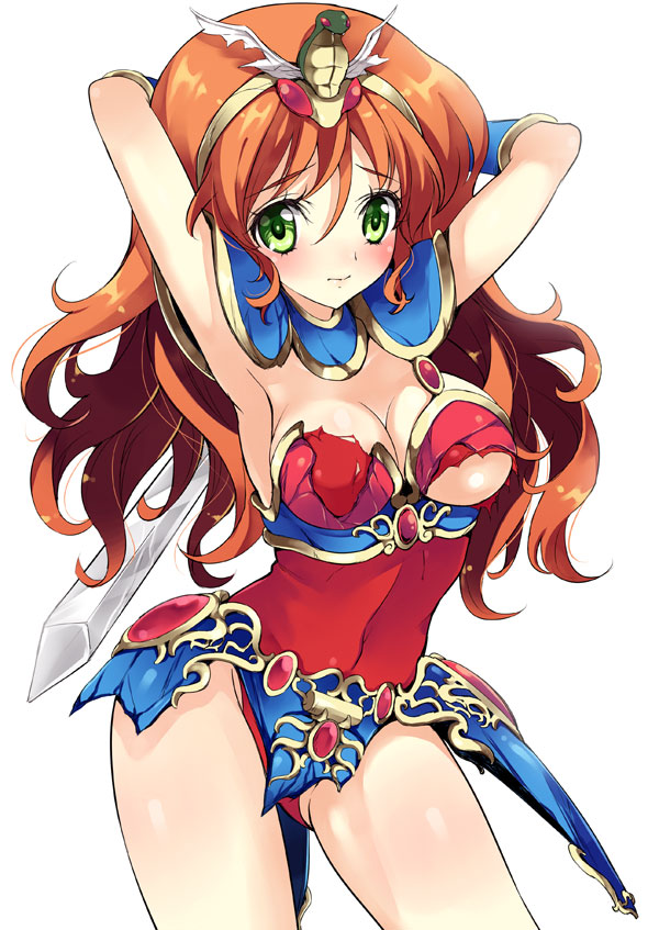 armor, armpits, arms_up, blush, breasts, brown_hair, green_eyes, hair_ornament, leotard, long_hair, lucia_(madoola_no_tsubasa), lucia_(madura_no_tsubasa), madoola_no_tsubasa, madura_no_tsubasa, shy, snake, solo, sunsoft, sword, tiara, torn_clothes, underboob, weapon, white_background, yukiwo