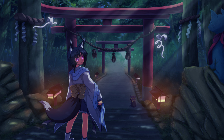 animal, animal_ears, black_hair, cat, foxgirl, japanese_clothes, night, photoshop